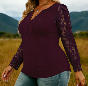 Camisa de Mujer de Talla Grande, Estilo Europeo, Encaje, Lisa, Casual, Manga Larga, Holgada, Primavera, Verano, Otoño, Fibra de Leche - Product Image 1