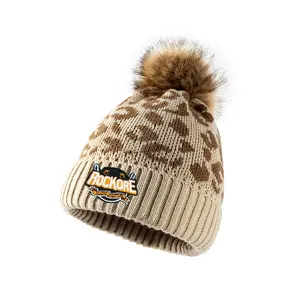 Wholesale New Trend Accessories Fur Ball Leopard Cheetah Pom Pom Beanie Printed Knitted Cap Warm Winter Hat for Women Lady Girl