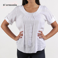 Camisa Corta de Gasa con Cuentas, Estilo Bohemio Informal, Talla Grande, Color Blanco, para Mujer, Verano