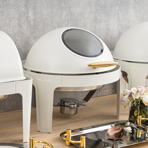 Juego de plato de frotamiento con tapa de vidrio blanco, calentador de alimentos eléctrico de lujo decorativo dorado redondo para fiesta de catering de boda única - Product Image 2