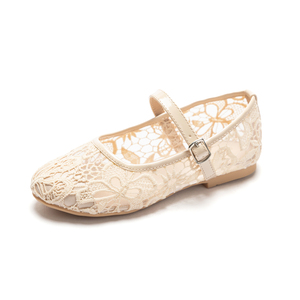 Beige Lace Fabric Floral Pattern Girls Mary Jane Flats with Hasp Closure <b>Soft</b> TPR Outsole for Wedding Evening <b>Shoes</b> - Product Image 1
