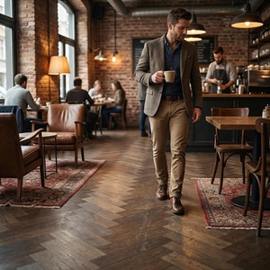 Suelo <span class=keywords><strong>de</strong></span> <span class=keywords><strong>roble</strong></span> ahumado vintage con base <span class=keywords><strong>de</strong></span> abedul macizo, diseño en espiga, superficie resistente a los arañazos, pintura a base <span class=keywords><strong>de</strong></span> agua, para sala <span class=keywords><strong>de</strong></span> estar, exterior y parque. - Product Image 6