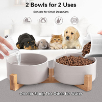 Ensemble de bols en céramique pour chien et chat avec support en bois, bols doubles surélevés antidérapants et lestés pour animaux de compagnie, pour chiens de petite et moyenne taille