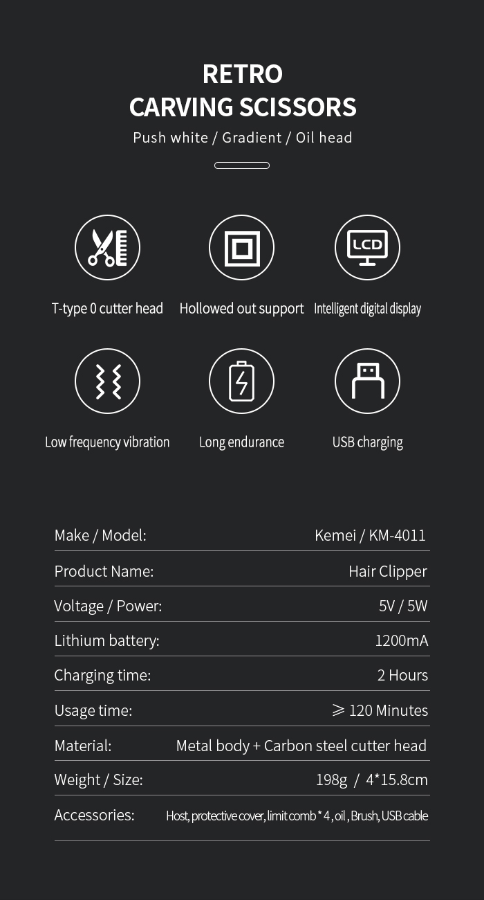 kemei km-4011 Electric Hair Clipper Rechargeable Professional Hair Trimmer Cordless Mens Hair Cutting Machine Beard Cordless