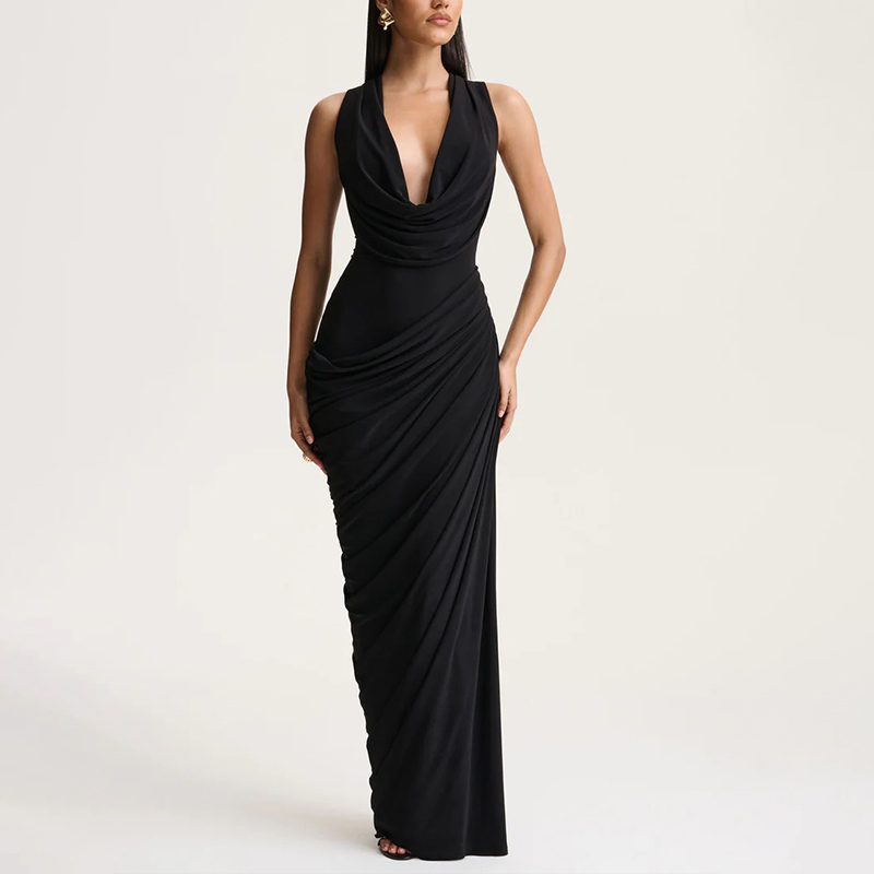 lyrics to long cool woman in a black dress meaning Flower Plunge Cowl-Neck Maxi Dress – CHICIDA main image 0