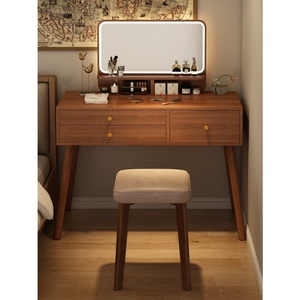 Table de maquillage intelligente moderne en bois gris avec miroir lumineux, armoire et chaise – Meuble de chambre à coucher - Product Image 2