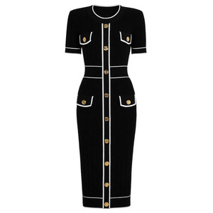 Abiti Casual Eleganti e Classici Aderenti da Donna a Maniche Corte <span class=keywords><strong>con</strong></span> Collo Lavorato a <span class=keywords><strong>Maglia</strong></span>, <span class=keywords><strong>Bottoni</strong></span> <span class=keywords><strong>con</strong></span> Strass e Stampa Antistatica per la Primavera - Product Image 4