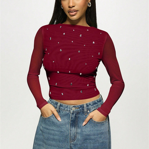 New <b>Women's</b> Fashion Semi-Sheer <b>Mesh</b> Long Sleeve T-Shirt - Floral Print Slim Fit Casual <b>Top</b> Fashion - Product Image 2