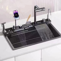 Évier de cuisine en acier inoxydable 304 à cascade, cuve unique, intelligent avec support pour téléphone, pour la maison