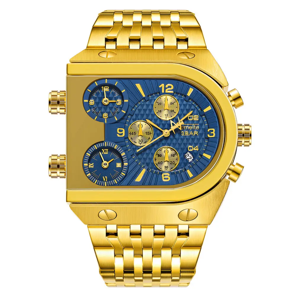2022 Quartz Heren Horloges Top Merk Luxe Gouden Klok 3 Tijdzone Datum Roestvrij Stalen Band Militaire Oversized Horloge