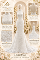 Robe de mariée sirène à col montant perlé et dos nu, broderie de perles sur toute la surface, coupe ajustée et évasée avec ourlet festonné
