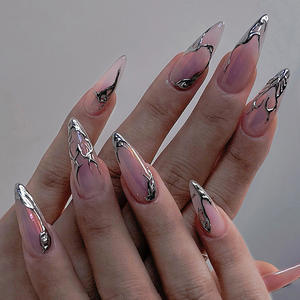Uñas Postizas Doradas con Ondas Marrones Ámbar, 24 Piezas, con Flores, Diamantes de Imitación, Perlas, Estrellas, Pavo Real y Almendras, Uñas Acrílicas a Presión para <span class=keywords><strong>Manicura</strong></span> - Product Image 1