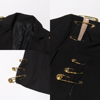 Blazer slim de luxe à col rabattu et mini-jupe pour femme, avec décor épingle de sûreté, noir uni, mode bureau, vente en gros