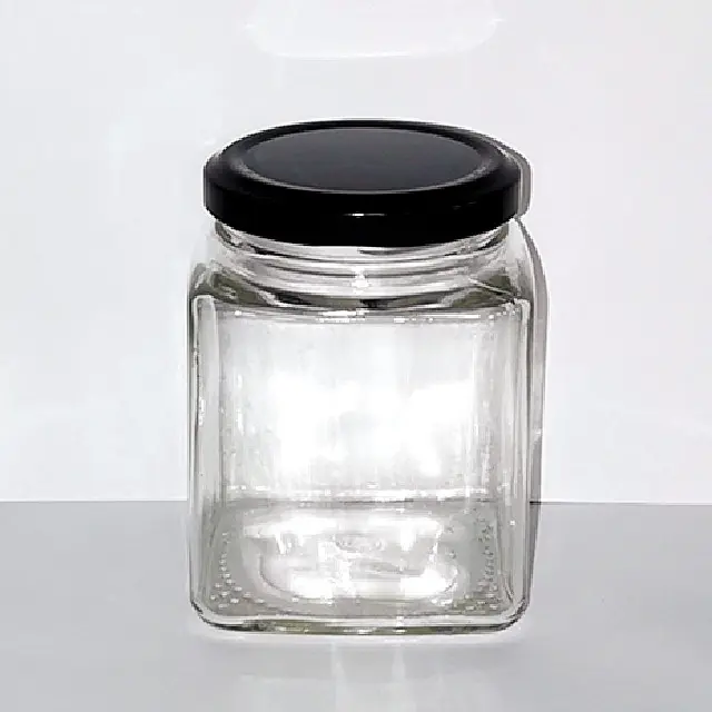 Boş mevcut birçok size50ml 100ml 500ml kare cam bal kavanozu reçel kavanoz konserve kavanoz vida metal siyah veya altın kapaklı