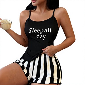 Women 2-Piece Pajamas Set Sleeveless Cami Black Striped Shorts Sleep All Day Printed Cotton Summer Wear Casual Sleepwear - Product Image 5
