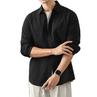 Kemeja Pria Hitam Polos 100% Katun Lengan Panjang Kancing Depan Regular Fit Kasual Bisnis Menerima OEM ODM Bordir Logo Kustom