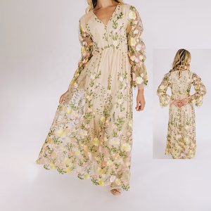 Abito Estivo da Donna Vintage con Scollo a V, <span class=keywords><strong>Maniche</strong></span> a Lanterna, Volant, Trasparente in Raso e Rete, a 2 Strati, Floreale, Maxi, Streetwear, Lavabile - Product Image 1