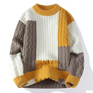 Le pull en tricot le plus populaire personnalisé confortable à manches longues pour hommes pull lettre motif à carreaux couleur bloc sweat-shirt - Product Image 1