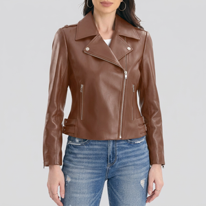 Veste moto en cuir PU marron tricoté, écologique, manches longues, col montant, fermeture éclair, coupe classique, style automne/hiver - Product Image 1