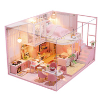 Sujetalibros de madera hecho a mano al por mayor, casa de muñecas moderna rosa estilo loft con LED, regalo romántico y artesanal para cumpleaños de niña