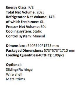 Appareils électroménagers encastrables pour la cuisine, réfrigérateurs à congélateur inférieur statique de 158 cm et 202 l, Brf-30biaa, appareils électroménagers encastrables pour la cuisine - Product Image 3