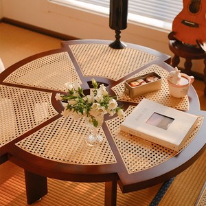 Japanese Style Round Solid Wood Coffee Table Rattan <b>Top</b> Walnut Color Minimalist Design Living Room Bedroom Use - Product Image 2