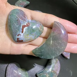 Doğal kristal kalp ay oymalar cilalı okyanus Jasper kalp Palm şifa