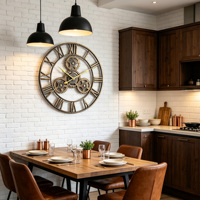 Horloge murale à quartz en fer numérique, chiffres romains de style industriel et squelette, engrenage en métal noir, horloge silencieuse, grande taille