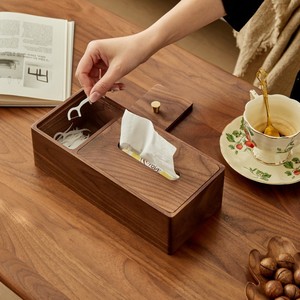 Walnut Wood Tissue Box With Floss Compartment For Living Room Bedroom Hotel Restaurant - Product Image 4