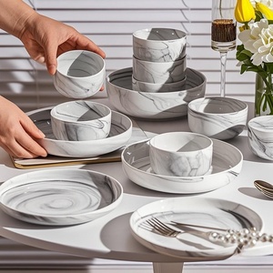 Service <span class=keywords><strong>de</strong></span> table en céramique à motif marbre nordique, assiettes et bols en <span class=keywords><strong>porcelaine</strong></span> sous glaçure, résistant aux rayures, pour hôtels et restaurants - Product Image 4