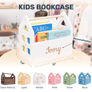 Étagère à livres en bois personnalisée en forme de maison pour la chambre des enfants, organisateur de livres pour bébé avec personnalisation du nom et design avec poignée - Product Image 4