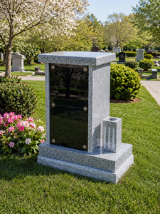 Lápida Moderna de Granito con Panel de Vidrio Negro y Soporte para Florero, Monumento Funerario de Estilo Americano Tradicional por Unionstone - Product Image 1