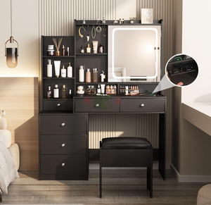 Table de maquillage moderne <span class=keywords><strong>avec</strong></span> <span class=keywords><strong>miroir</strong></span>, 6 tiroirs, étagère, prise de courant, 2 couleurs (noir/blanc) - Product Image 3