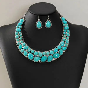 Ensemble collier et boucles d'oreilles en acier inoxydable et pierre turquoise, style bohème occidental ethnique vintage indien, nouvelle collection 2025, vente en gros - Product Image 1