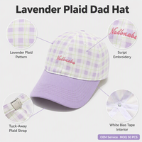 Casquette de baseball réglable unisexe à six panneaux, motif écossais lavande, style décontracté urbain, printemps, OEM, vente en gros