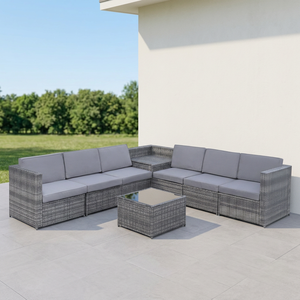 Ensemble de canapé d'angle en rotin d'extérieur 8 pièces, prix de gros, structure en acier KD avec table en verre trempé, coussins, design moderne, imperméable - Product Image 1