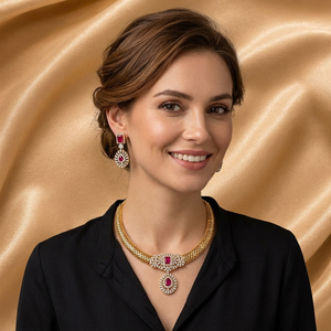 Luxury Brass Gold Plated American Diamond Choker <b>Necklace</b> Set Elegant CZ <b>Ruby</b> Pendant Jewelry Set With Matching Earrings - Product Image 2