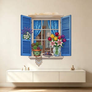 Pegatina de Pared 3D con Diseño de Ventana Azul - Calcomanía Colorida de Tulipanes, Suculentas y Taza de Café con Atrapasueños para Sala de Estar y Dormitorio H - Product Image 1