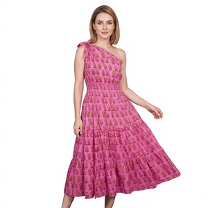 Robe midi asymétrique en coton doux à imprimé floral et dentelle pour femme, style moulant décontracté d'été, respirante, avec design plissé superposé - Product Image 1