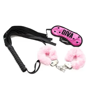 3pc BDSM Bondage Kit PU leather Fetish Kit Restraint Slave Sex Whip, Handcuffs, Blindfold SM Game Toys Fun Time Adult Toys