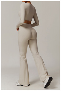 Ensemble de yoga 2 pièces pour femmes-tenue de fitness-<span class=keywords><strong>col</strong></span> en <span class=keywords><strong>V</strong></span> court haut à manches longues et pantalon évasé Bootcut pour la course de yoga - Product Image 3