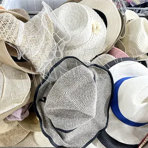 factory supplier raffia straw travel straw hat cap lady female summer secondhand sun straw dust cap mixed bales