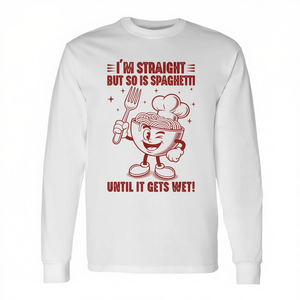 Camiseta de manga larga con diseño gráfico divertido de comida: Soy hetero, pero el espagueti también lo es hasta que se moja. Prenda unisex para adultos. - Product Image 2