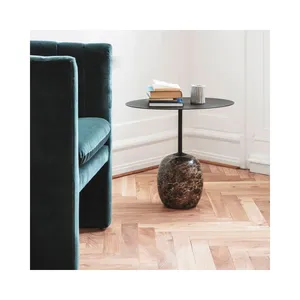SHIHUI kamar tidur minimalis, atasan baja karbon bulat warna cokelat alami, Meja dasar marmer untuk ruang tamu