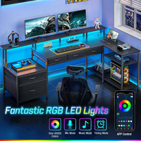 Bureau d'ordinateur en forme de L avec prise de courant et bande de LED Bureau à domicile avec étagères de rangement Bureau de jeu d'angle