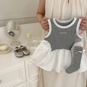 Tongxingyuan Girls Sleeveless Vest Dress Gray White Bow Summer Outfit Breathable Kids Clothing - Product Image 2