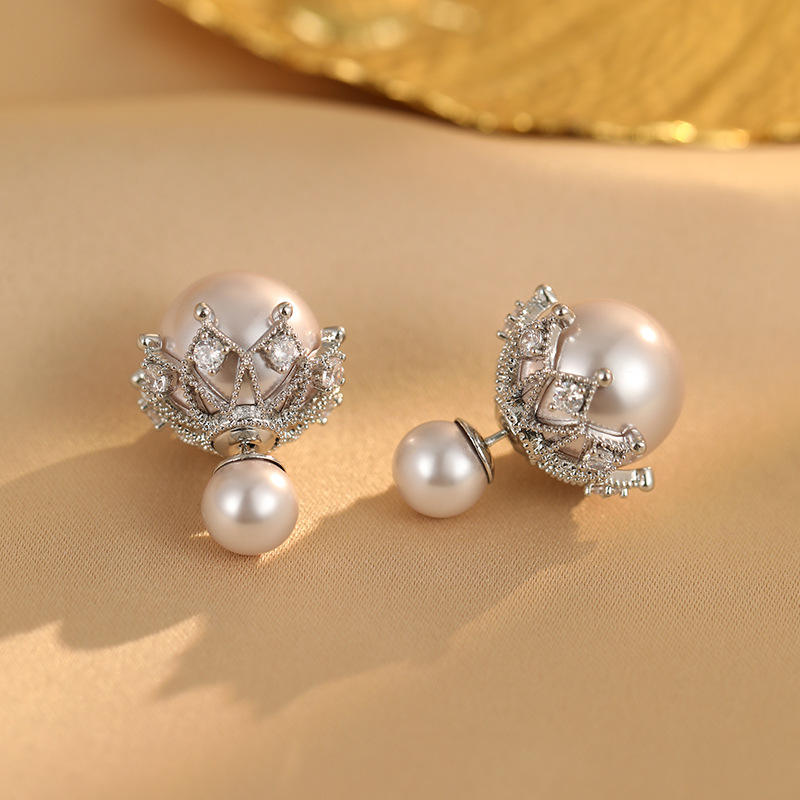 ต่างหูมุกหน้าหลังทรงมงกุฎ - สีมันตาโรส