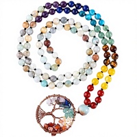 Collier Arbre de Vie 7 Chakras en Laiton Bohème, Perles de Prière Malabar Nouées à la Main, Véritable Gemme de Guérison, Yoga et Méditation, Cadeau