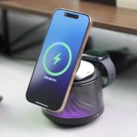 HXY 5 1 Chargeur sans fil magnétique multifonctionnel 15W avec base pliable à ventouse, haut-parleur et lumière d'ambiance pour téléphone portable, écouteurs et appareils intelligents