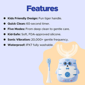 แปรงสีฟันไฟฟ้าอัตโนมัติรูปตัวยูสำหรับเด็กการ์ตูน<span class=keywords><strong>โซนิค</strong></span>พร้อมหัวแปรง 2 หัว 5 โหมดการทำความสะอาดแปรงสีฟันแบบ<span class=keywords><strong>เต็ม</strong></span>ปากสำหรับเด็ก - Product Image 2